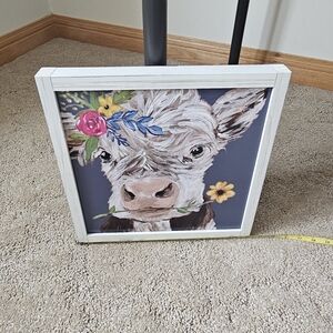 Floral Cow Wall Art in White Frame